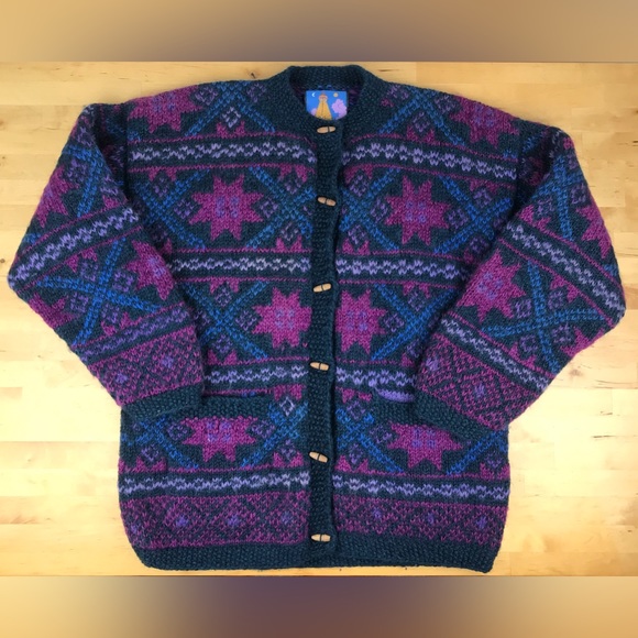 SOLD - Newari Wool Nepal Hand Knit Heavy Cardigan Sweater w/ Pockets size M - Picture 1 of 16